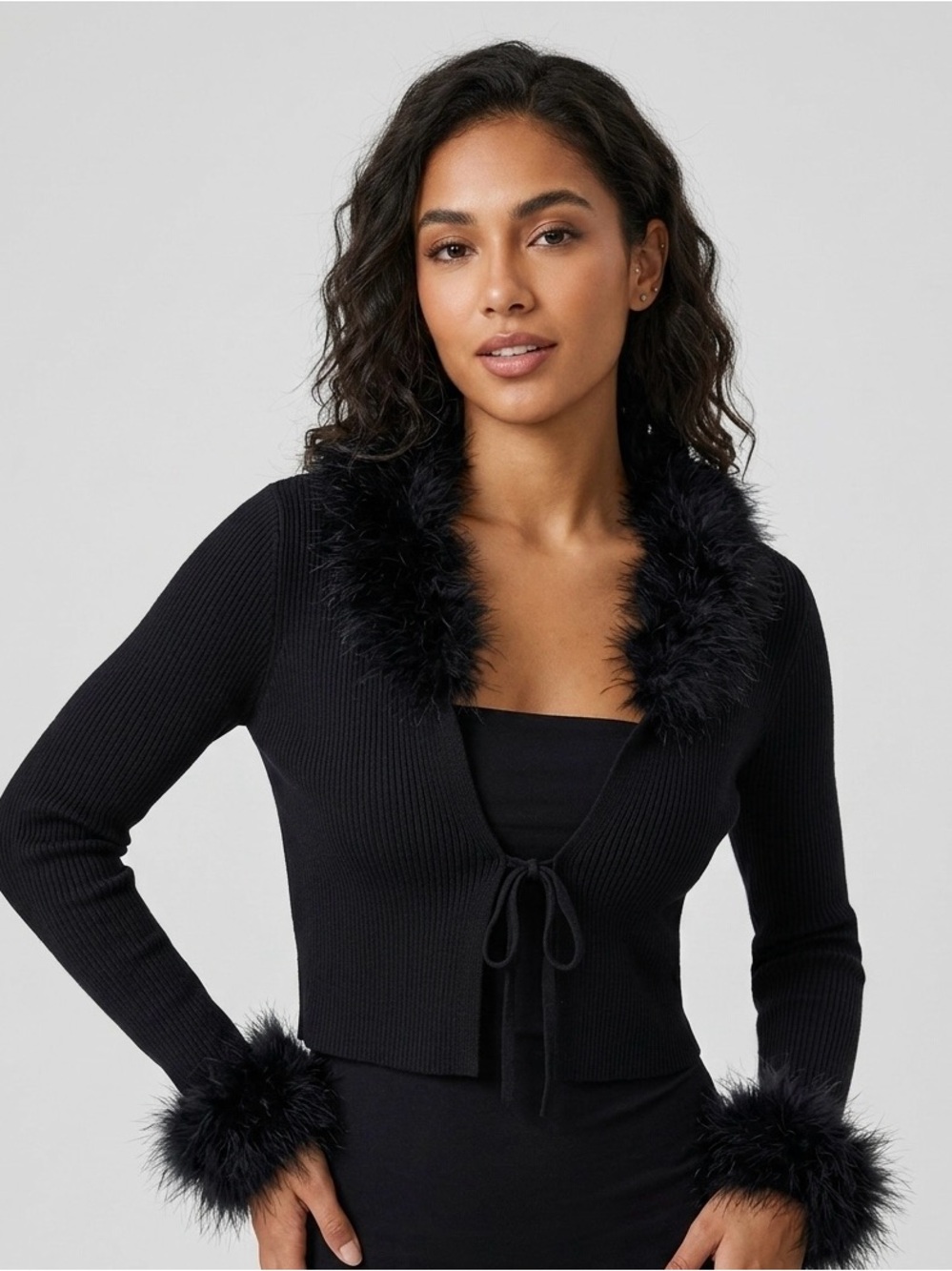 THE KRIPT Black Fur Trimmed Ribbed Cardigan Crop Top | Y2K Faux Fur